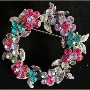 Vintage Brooch Multi-Color Rhinestones Silver Tone 1/ 2”Round Floral Vintage